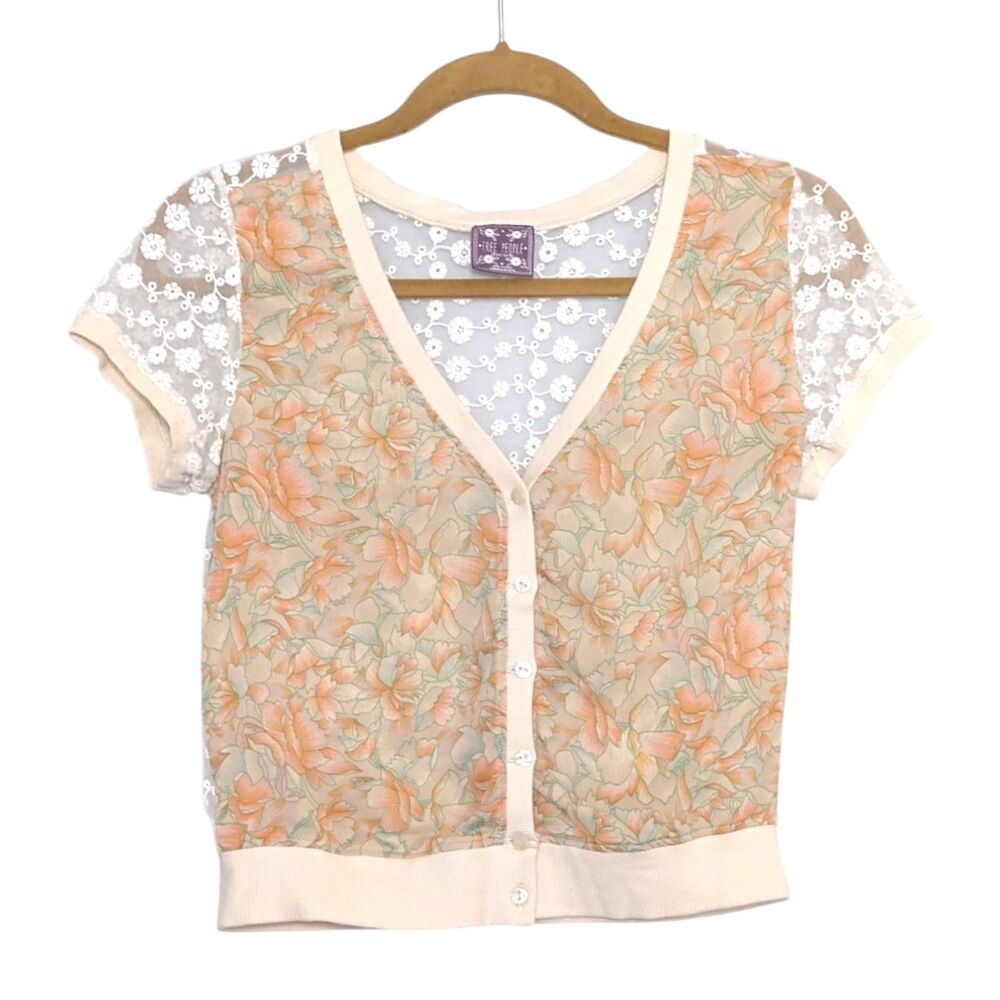 Free People Sz XS Floral Lace  Button Up Top Blouse Coquette Princess Feminine